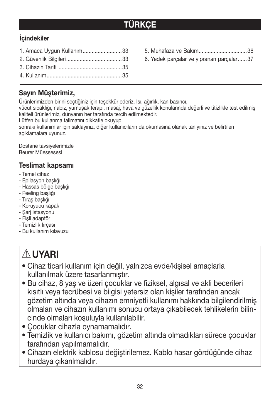 Uyari, Türkçe | Beurer HLE 60 User Manual | Page 32 / 68