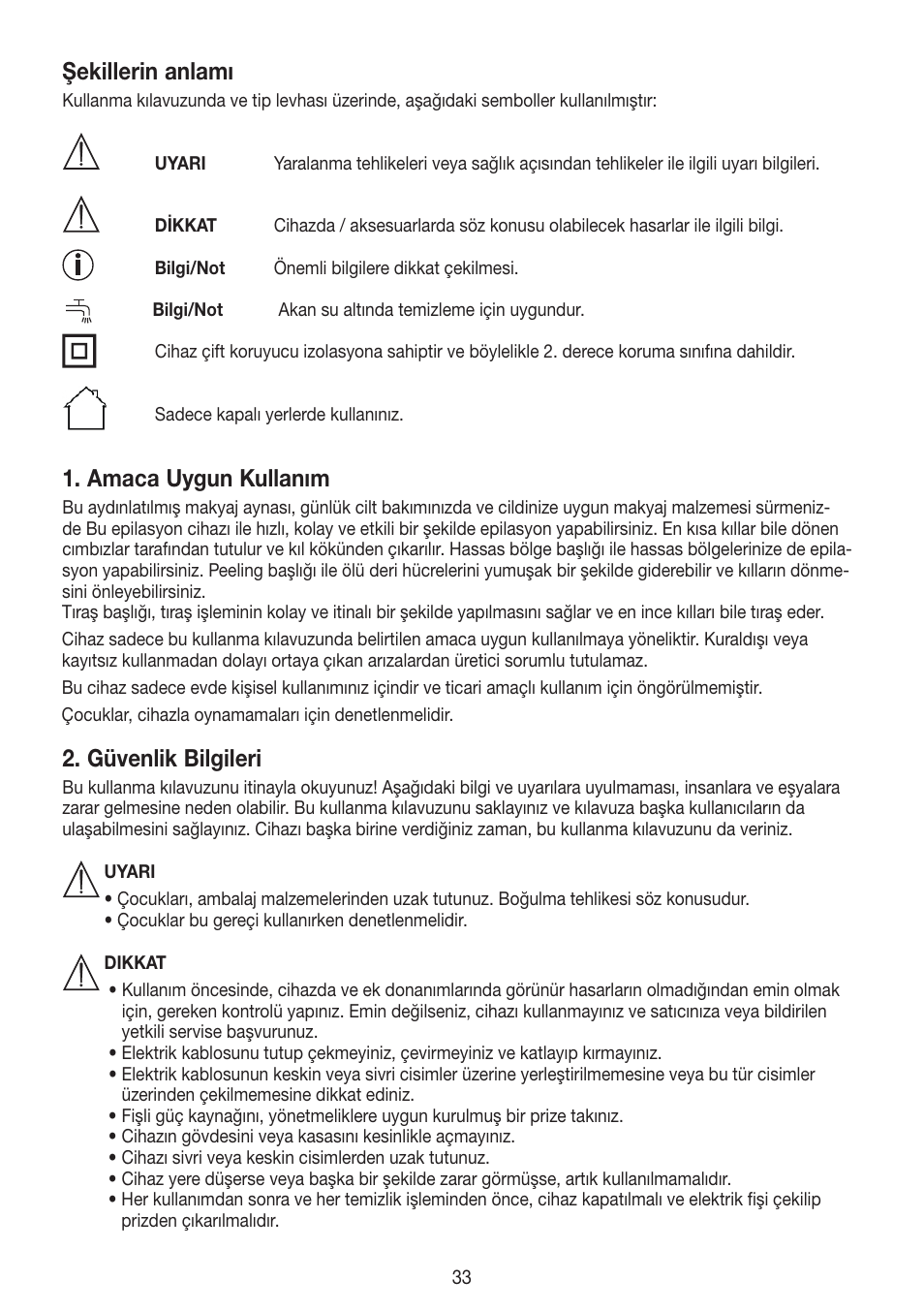 Şekillerin anlamı, Amaca uygun kullanım, Güvenlik bilgileri | Beurer HLE 60 User Manual | Page 33 / 68