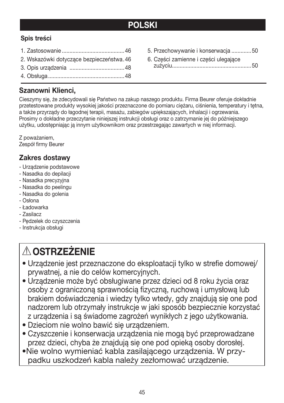 Ostrzeżenie, Polski | Beurer HLE 60 User Manual | Page 45 / 68