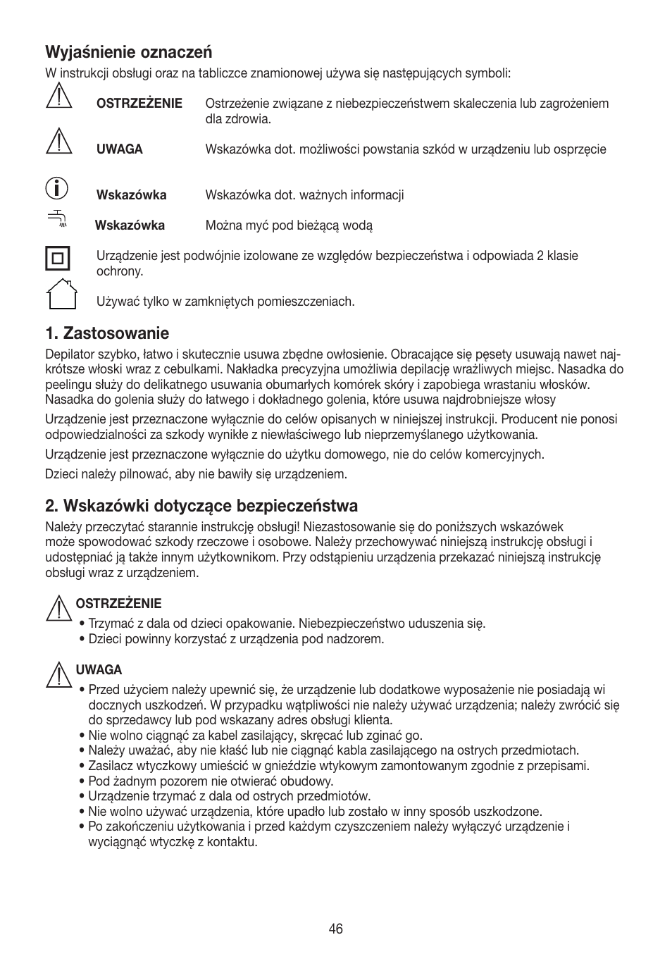 Wyjaśnienie oznaczeń, Zastosowanie, Wskazówki dotyczące bezpieczeństwa | Beurer HLE 60 User Manual | Page 46 / 68