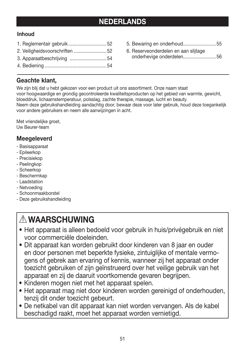 Waarschuwing, Nederlands | Beurer HLE 60 User Manual | Page 51 / 68