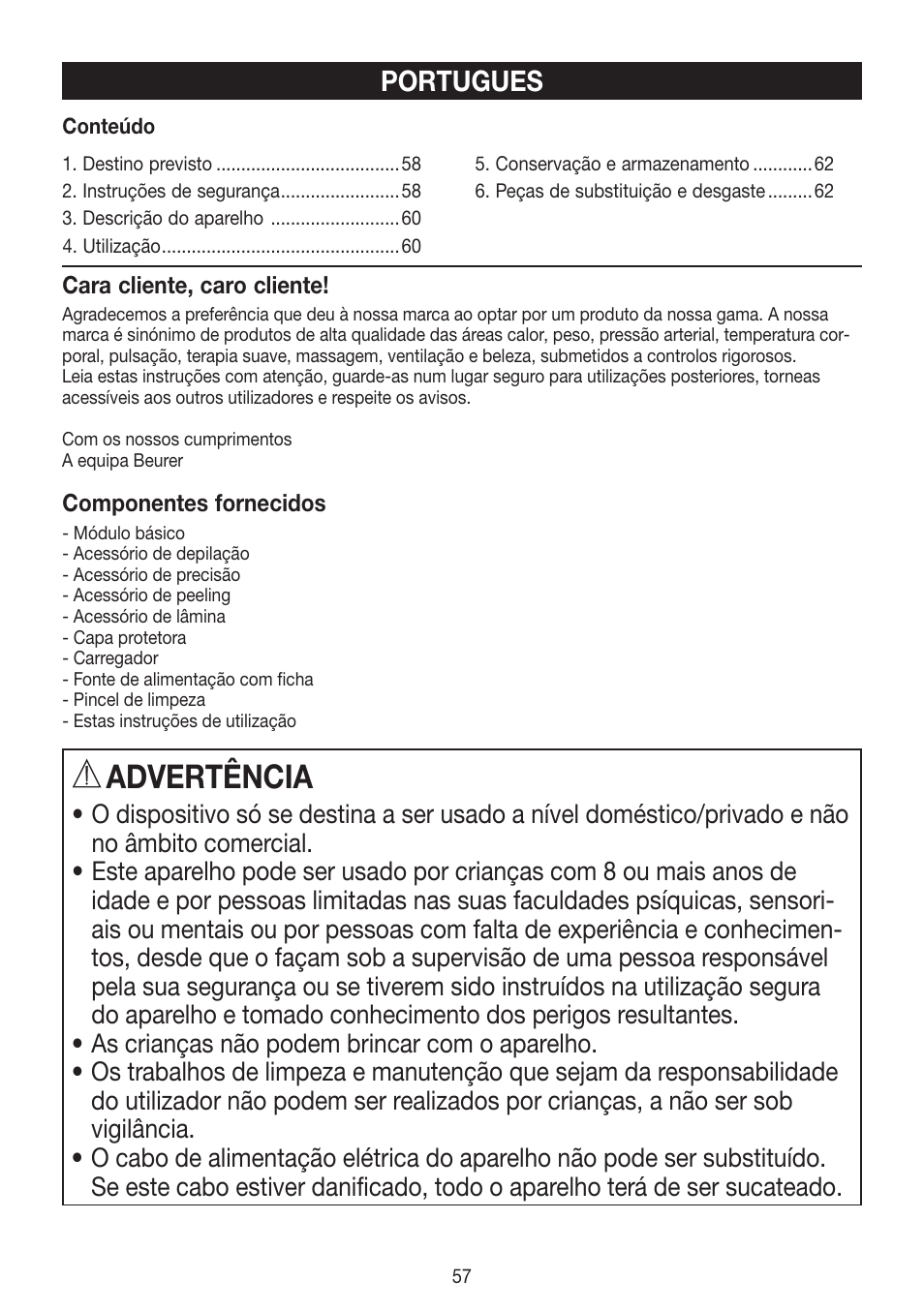 Advertência, Portugues | Beurer HLE 60 User Manual | Page 57 / 68