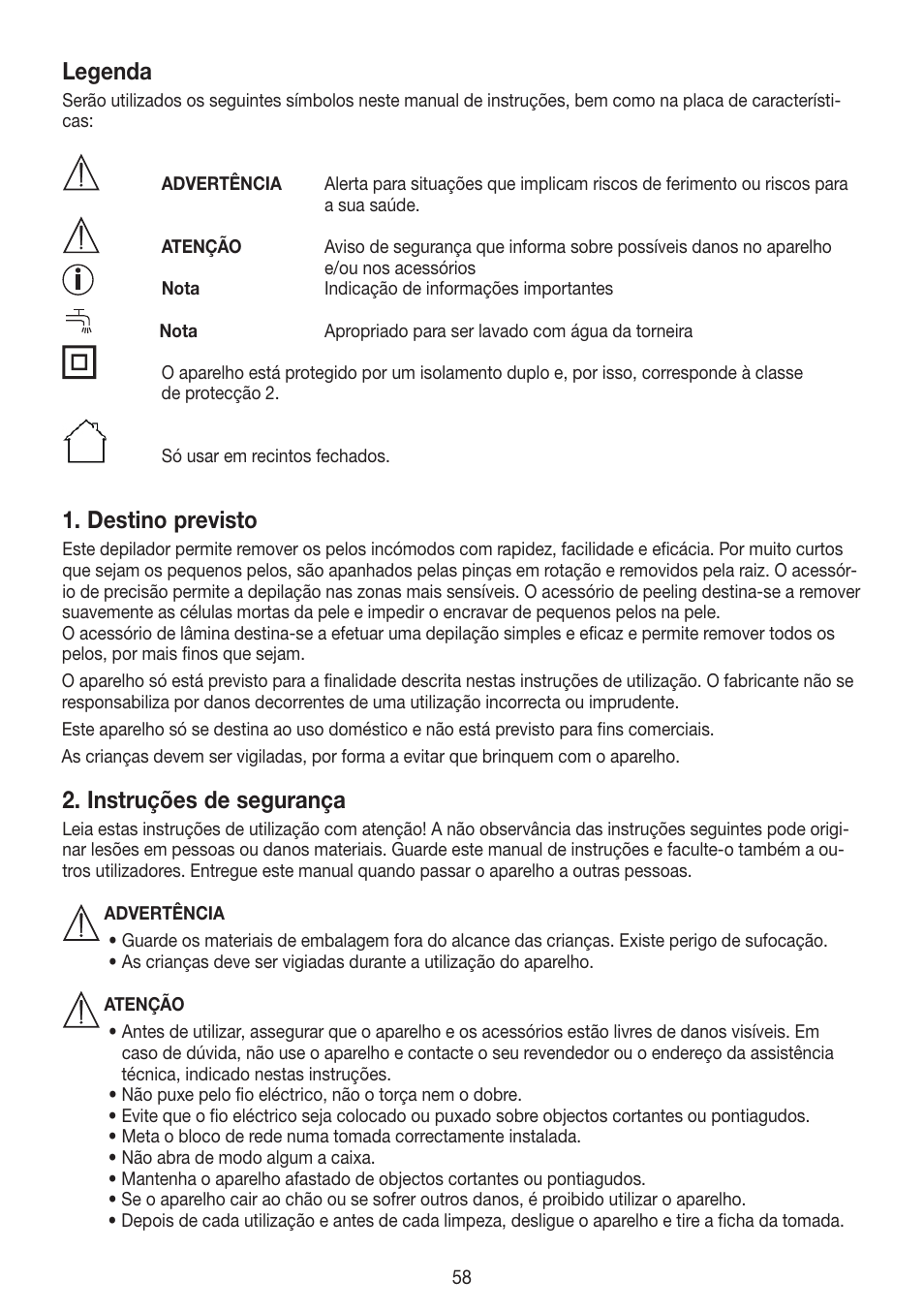 Legenda, Destino previsto, Instruções de segurança | Beurer HLE 60 User Manual | Page 58 / 68