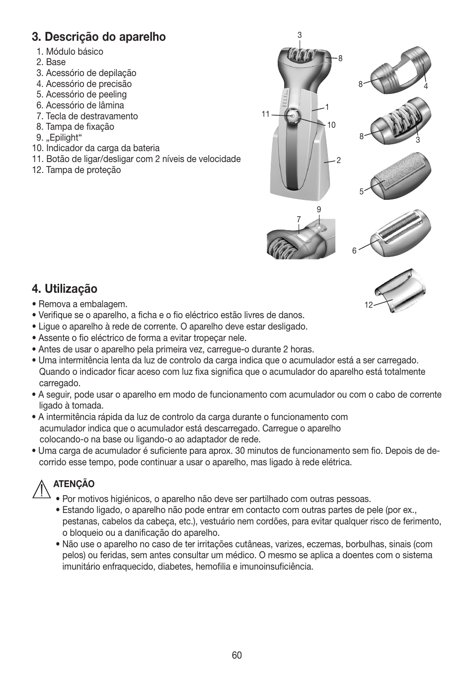 Descrição do aparelho, Utilização | Beurer HLE 60 User Manual | Page 60 / 68