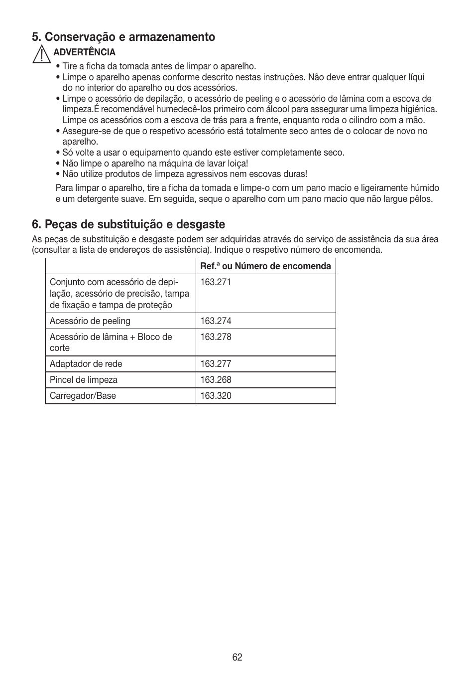 Conservação e armazenamento, Peças de substituição e desgaste | Beurer HLE 60 User Manual | Page 62 / 68