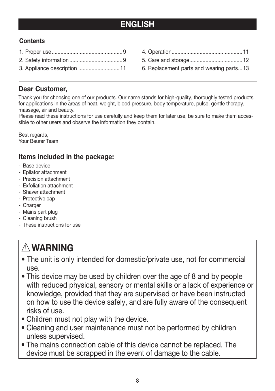 Warning, English | Beurer HLE 60 User Manual | Page 8 / 68