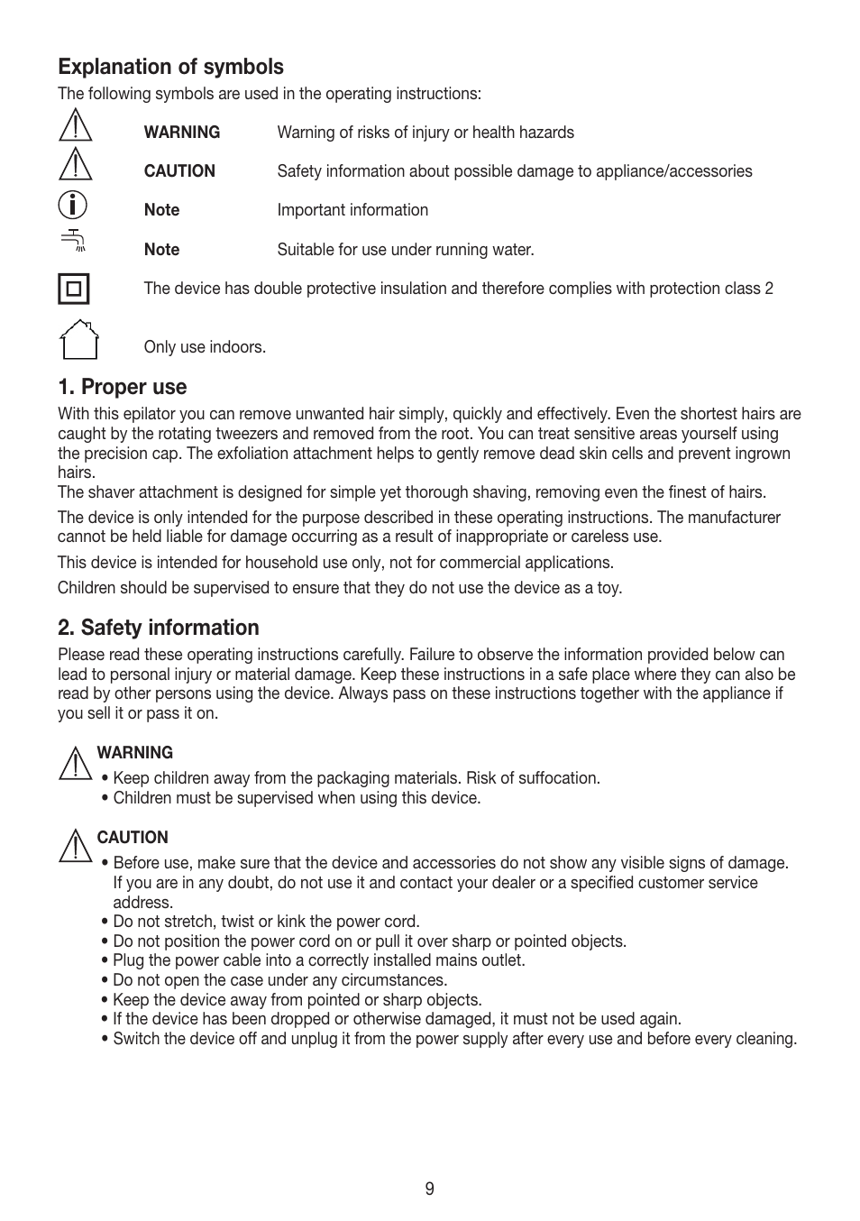 Explanation of symbols, Proper use, Safety information | Beurer HLE 60 User Manual | Page 9 / 68