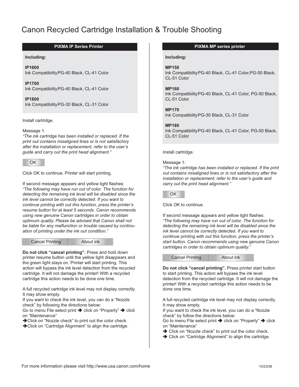Canon Recycled Cartridge IP1600 User Manual | 1 page