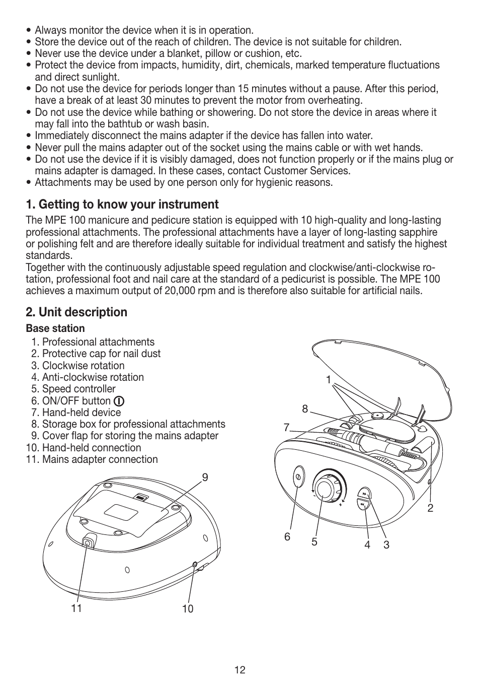 Getting to know your instrument, Unit description | Beurer MPE 100 User Manual | Page 12 / 88