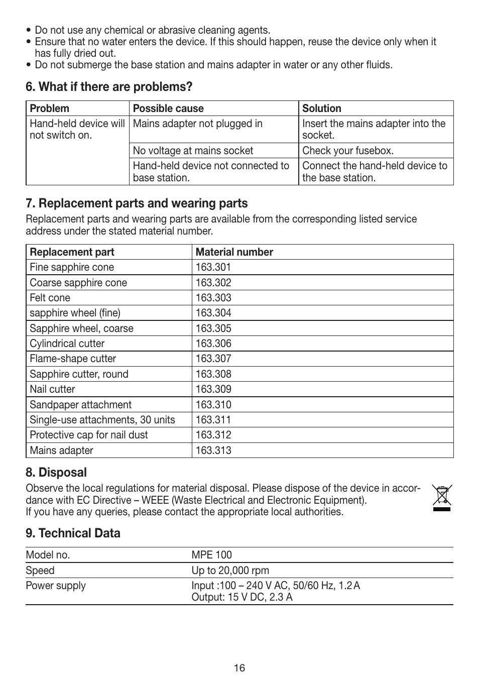 What if there are problems, Replacement parts and wearing parts, Disposal | Technical data | Beurer MPE 100 User Manual | Page 16 / 88