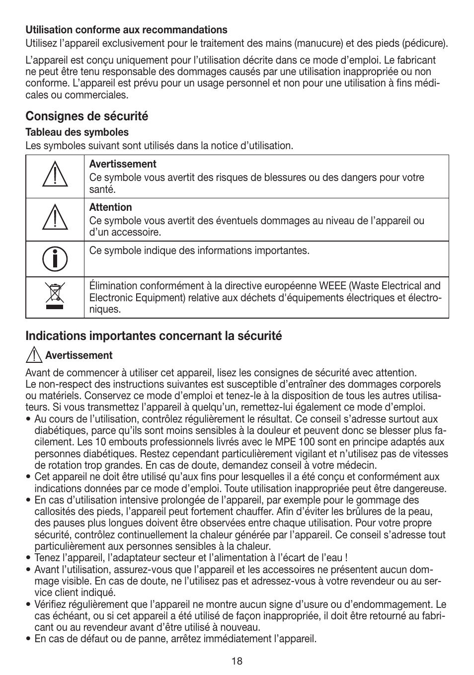 Consignes de sécurité, Indications importantes concernant la sécurité | Beurer MPE 100 User Manual | Page 18 / 88