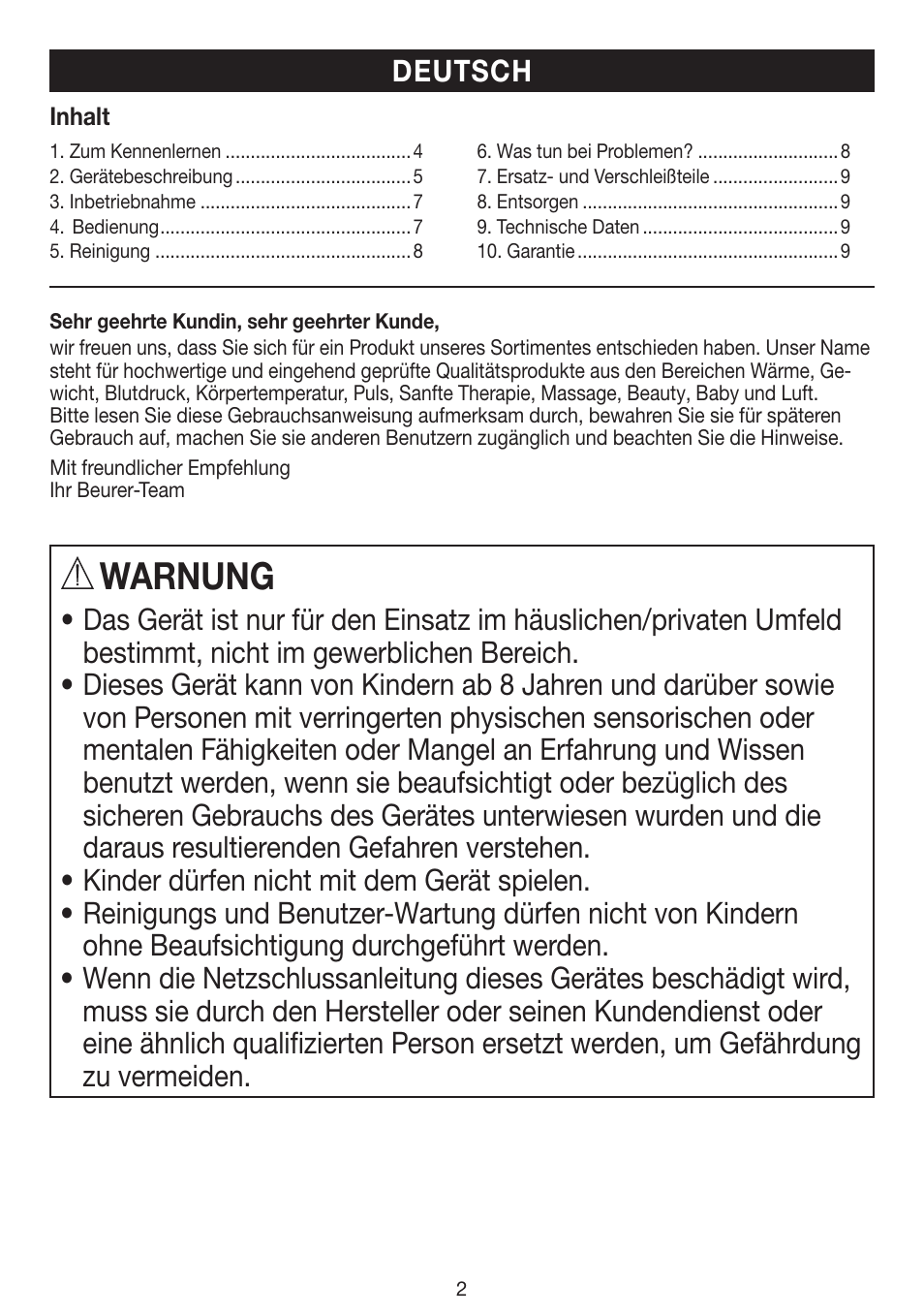 Warnung | Beurer MPE 100 User Manual | Page 2 / 88