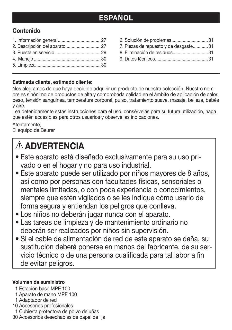 Advertencia, Español | Beurer MPE 100 User Manual | Page 25 / 88