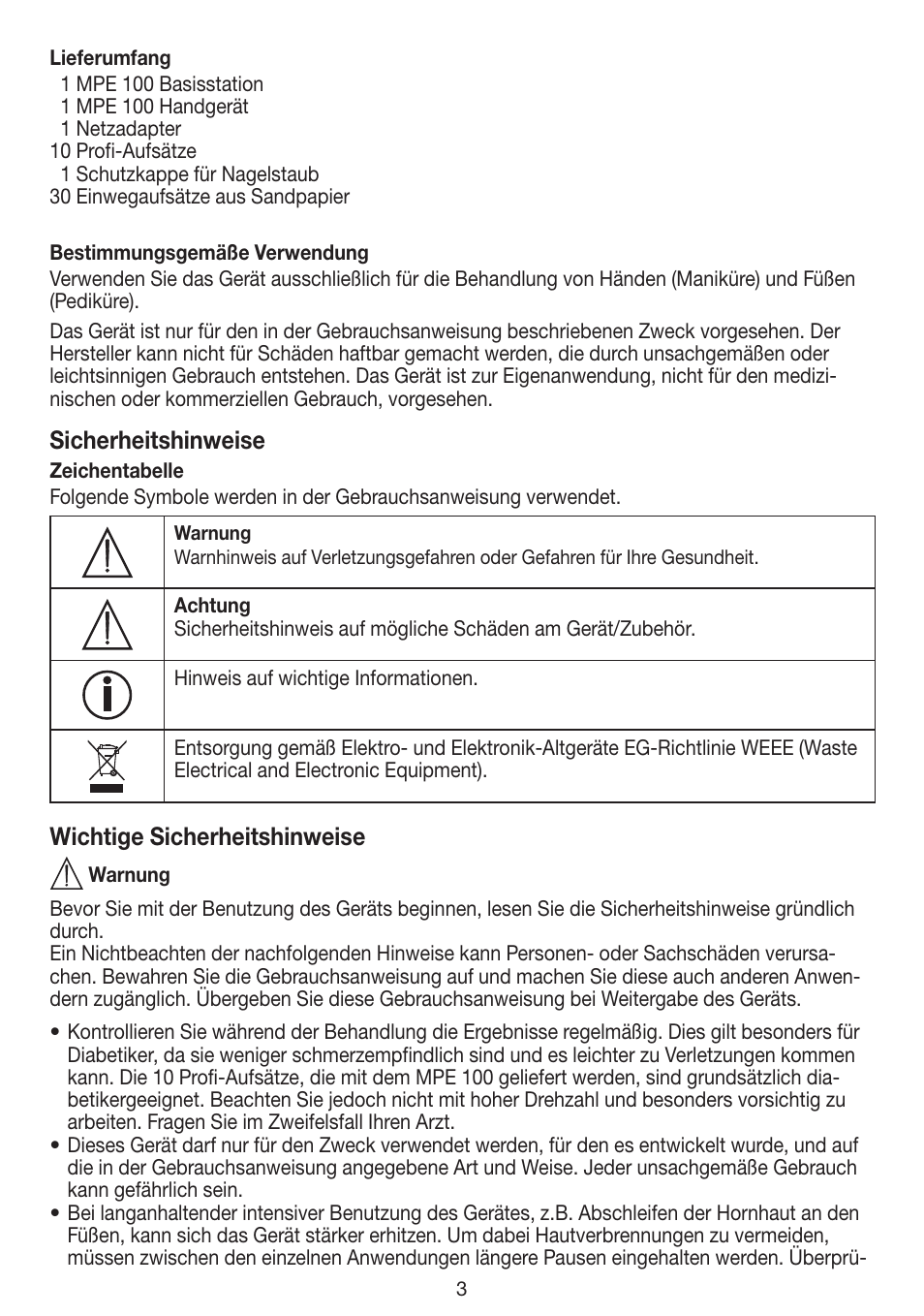 Sicherheitshinweise, Wichtige sicherheitshinweise | Beurer MPE 100 User Manual | Page 3 / 88