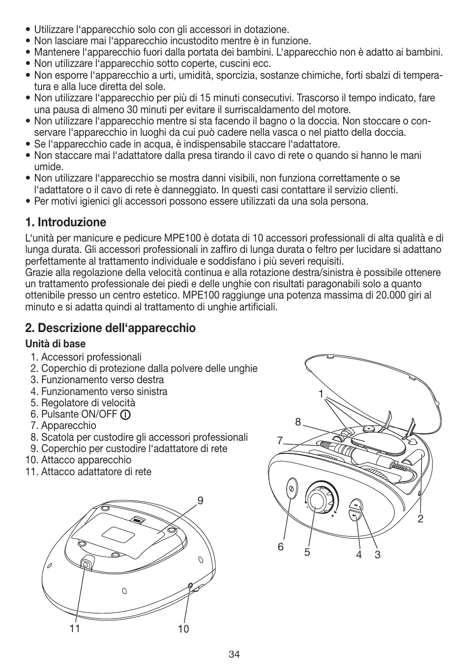 Introduzione, Descrizione dell‘apparecchio | Beurer MPE 100 User Manual | Page 34 / 88