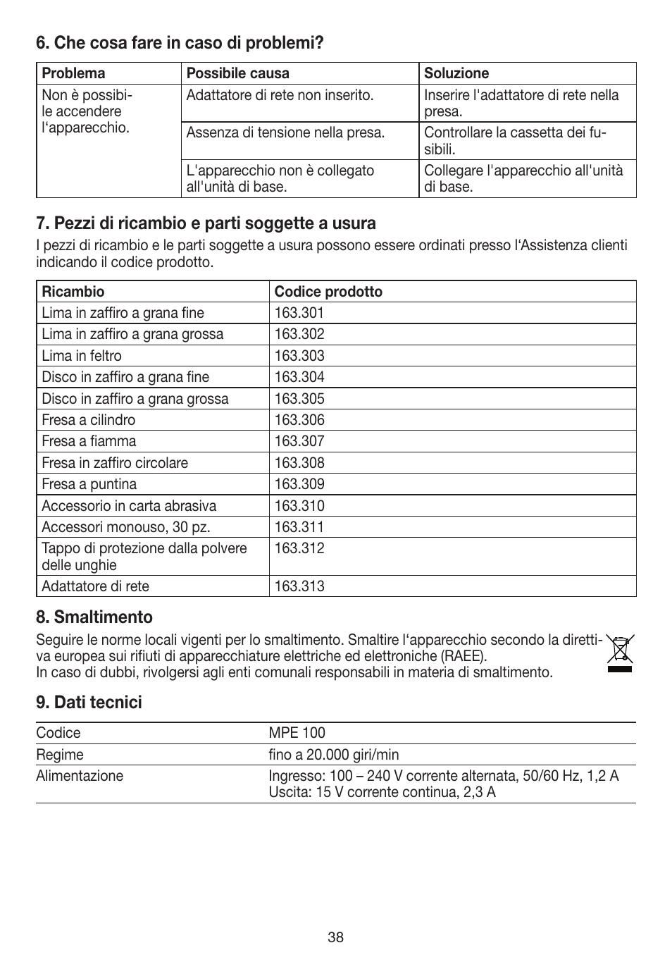 Che cosa fare in caso di problemi, Pezzi di ricambio e parti soggette a usura, Smaltimento | Dati tecnici | Beurer MPE 100 User Manual | Page 38 / 88