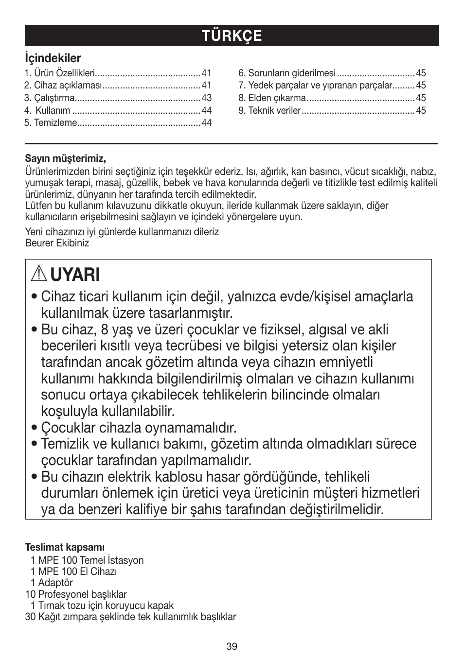 Uyari, Türkçe | Beurer MPE 100 User Manual | Page 39 / 88