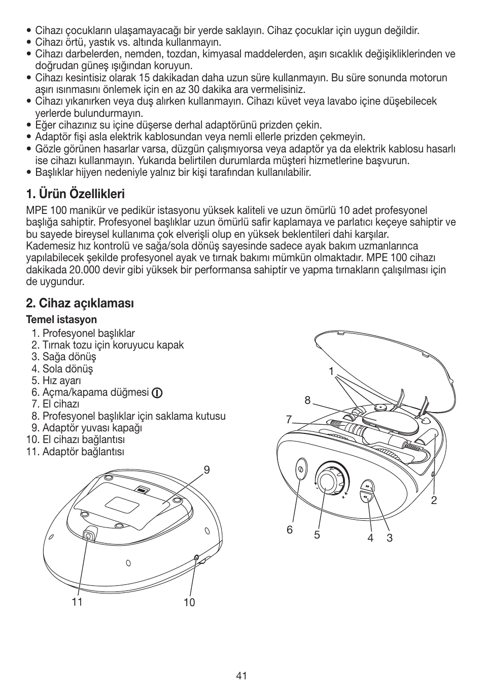 Ürün özellikleri, Cihaz açıklaması | Beurer MPE 100 User Manual | Page 41 / 88