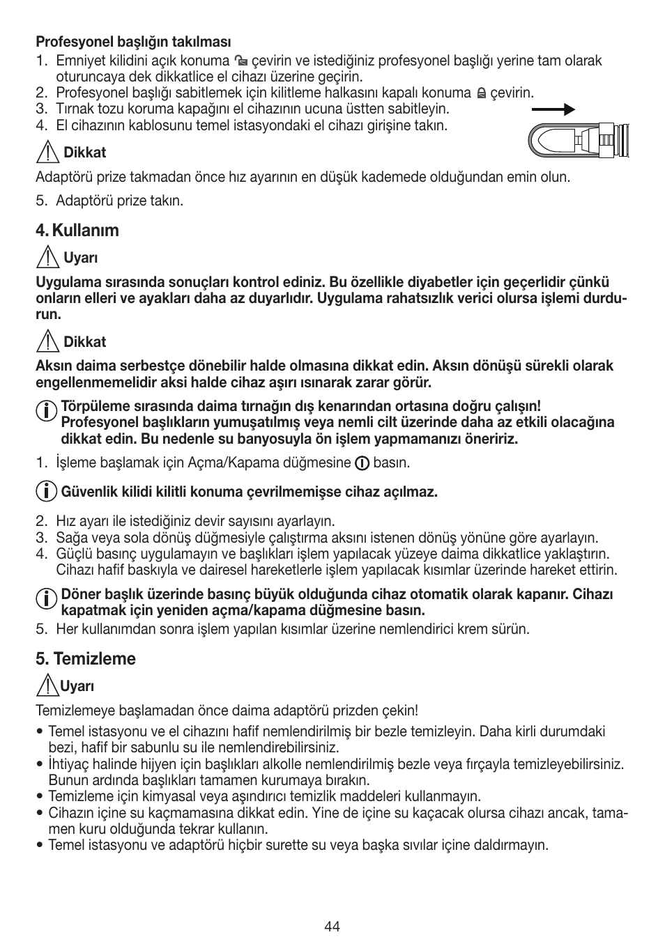 Kullanım, Temizleme | Beurer MPE 100 User Manual | Page 44 / 88