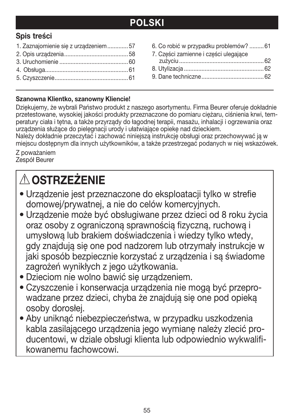 Ostrzeżenie | Beurer MPE 100 User Manual | Page 55 / 88