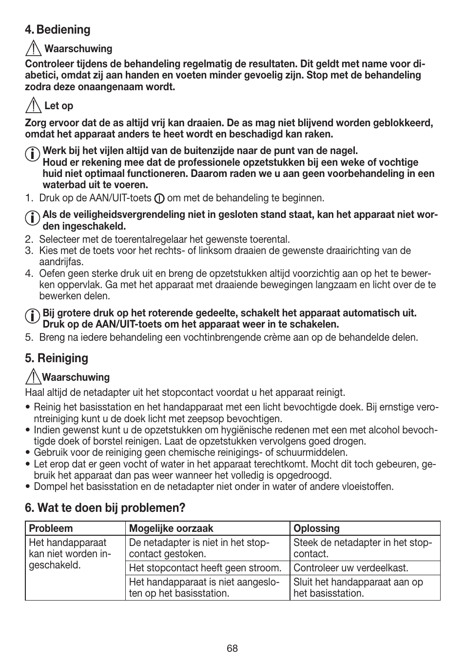 Bediening, Reiniging, Wat te doen bij problemen | Beurer MPE 100 User Manual | Page 68 / 88