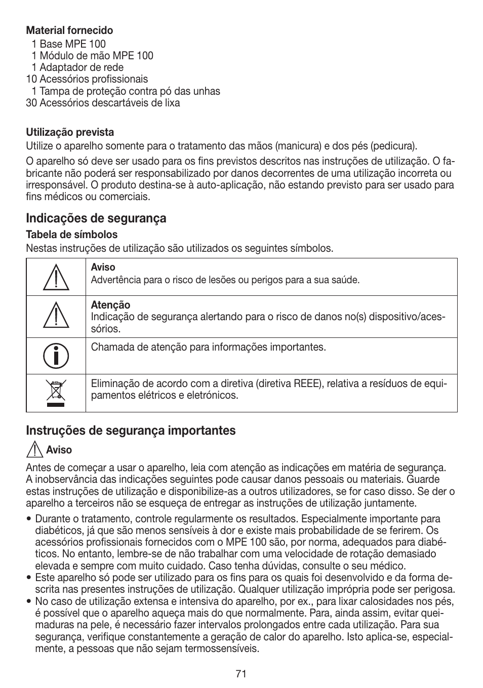 Indicações de segurança, Instruções de segurança importantes | Beurer MPE 100 User Manual | Page 71 / 88