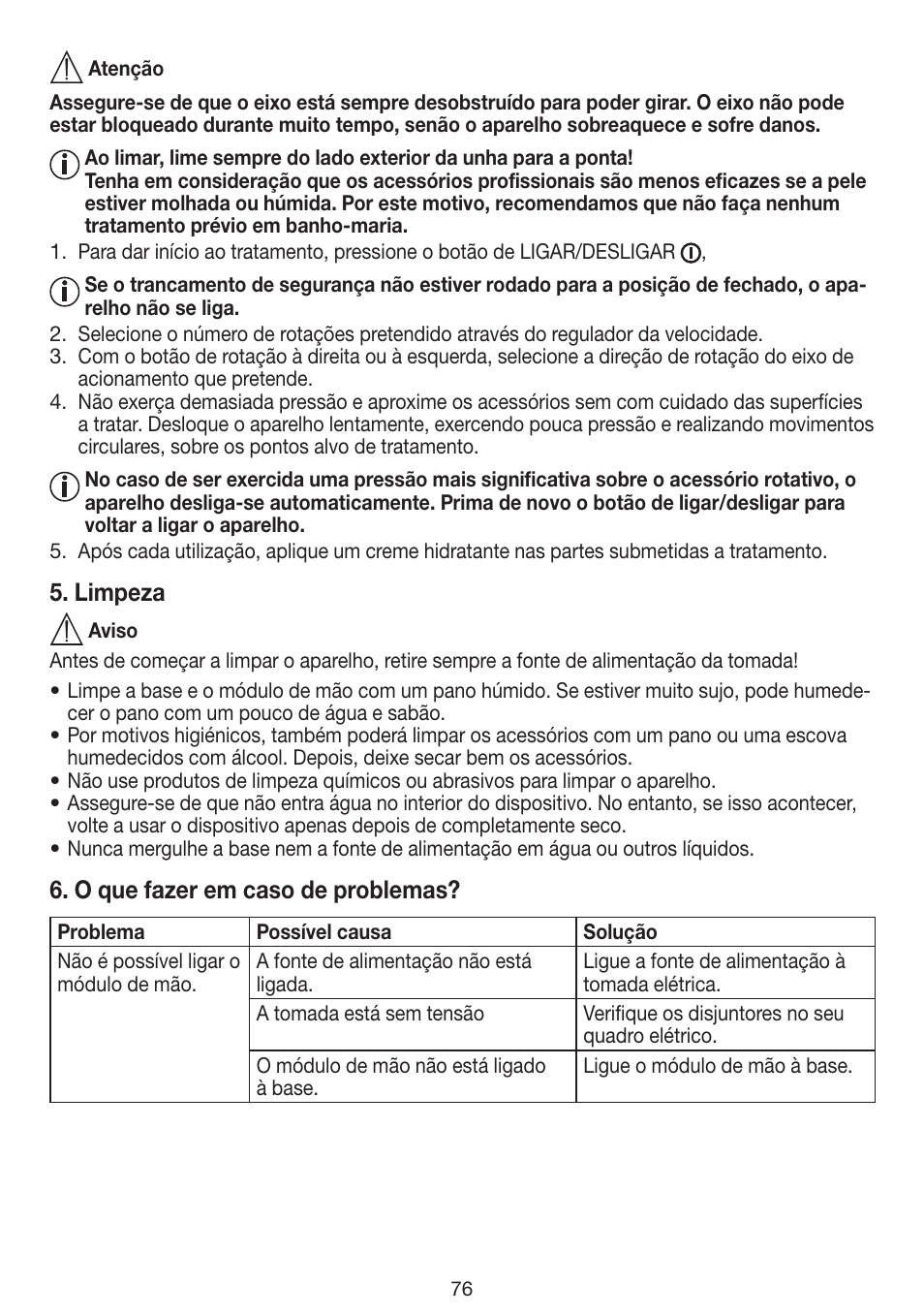 Limpeza, O que fazer em caso de problemas | Beurer MPE 100 User Manual | Page 76 / 88