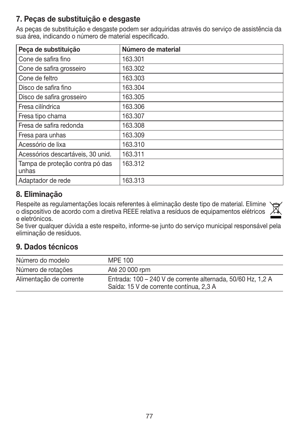 Peças de substituição e desgaste, Eliminação, Dados técnicos | Beurer MPE 100 User Manual | Page 77 / 88