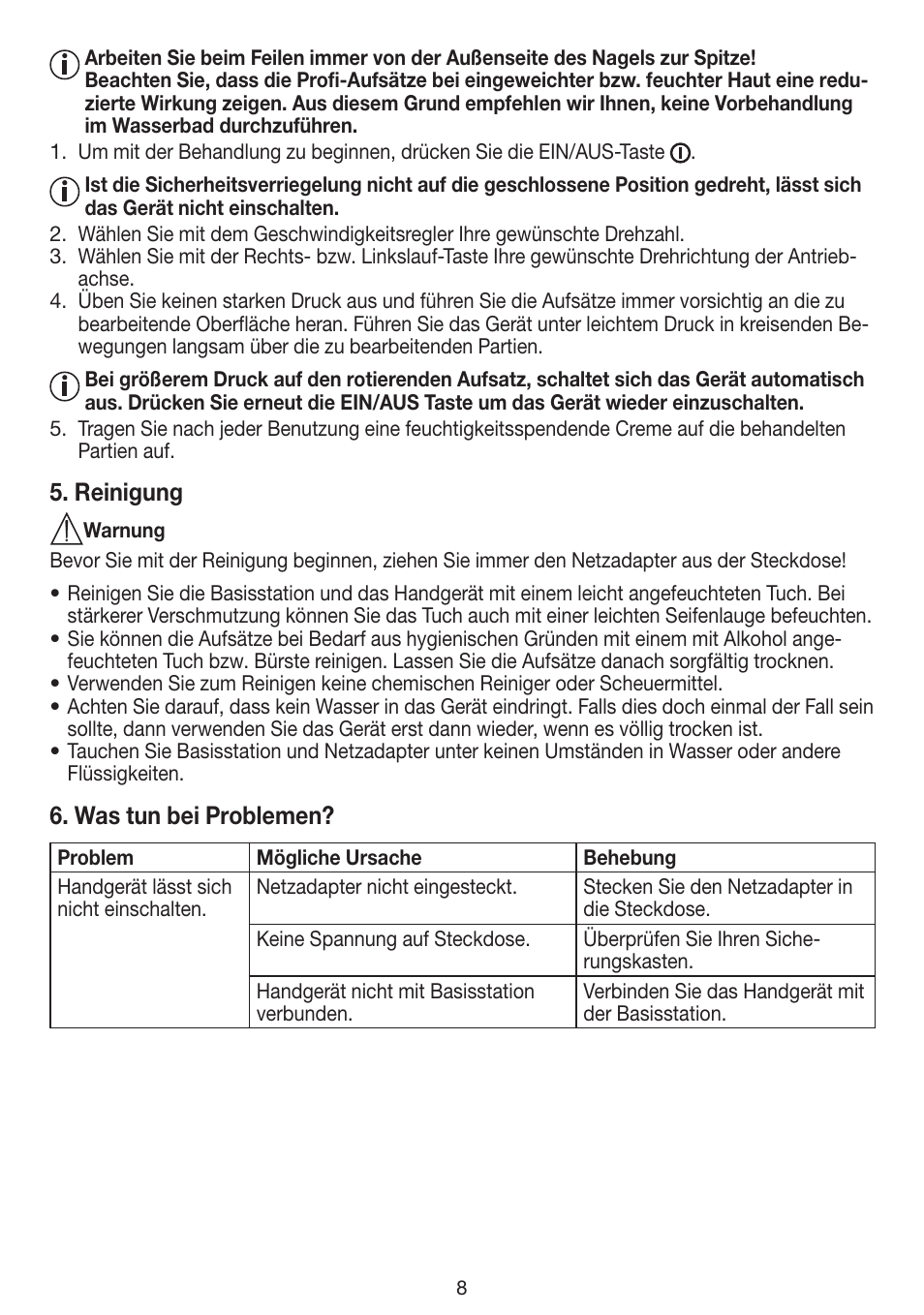 Reinigung, Was tun bei problemen | Beurer MPE 100 User Manual | Page 8 / 88