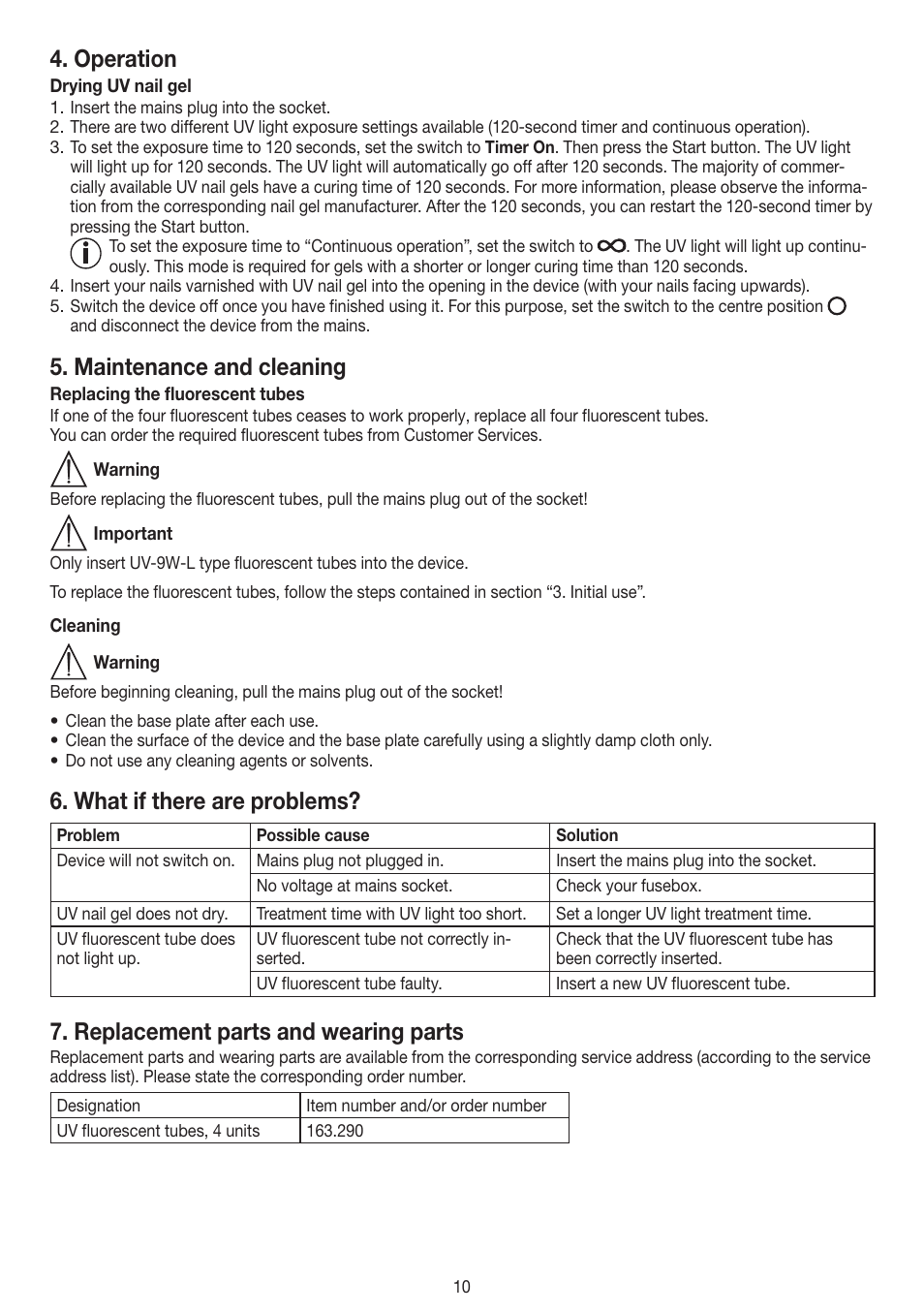 Operation, Maintenance and cleaning, What if there are problems | Replacement parts and wearing parts | Beurer MPE 38 User Manual | Page 10 / 56