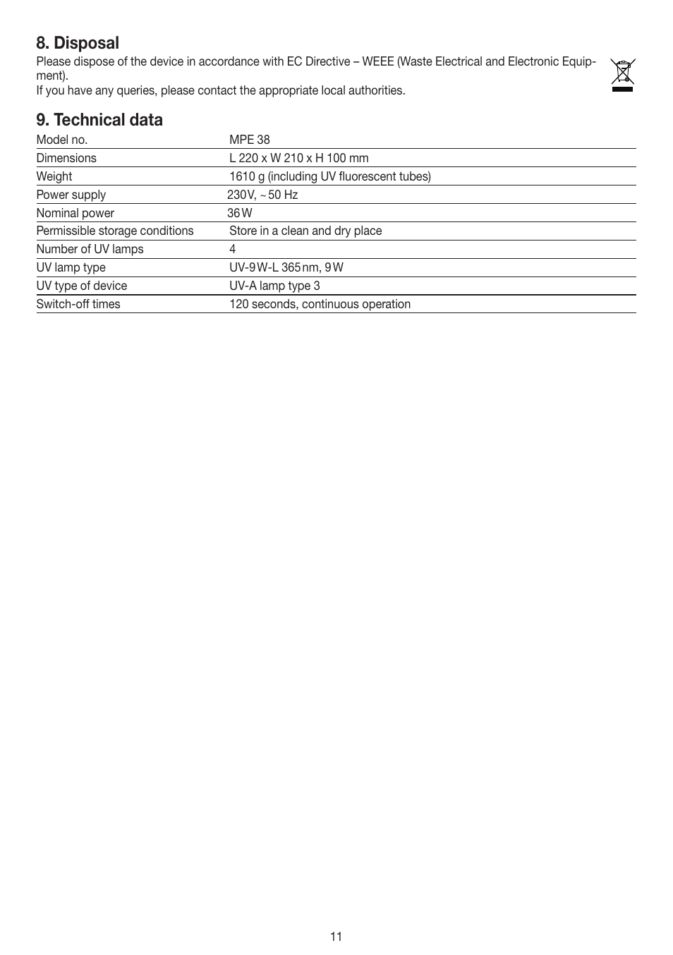 Disposal, Technical data | Beurer MPE 38 User Manual | Page 11 / 56