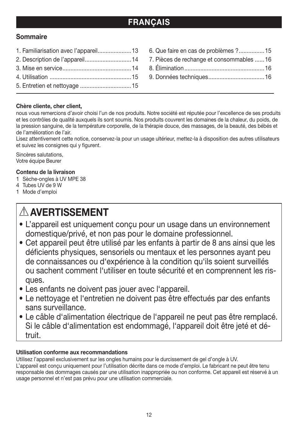 Avertissement, Français | Beurer MPE 38 User Manual | Page 12 / 56