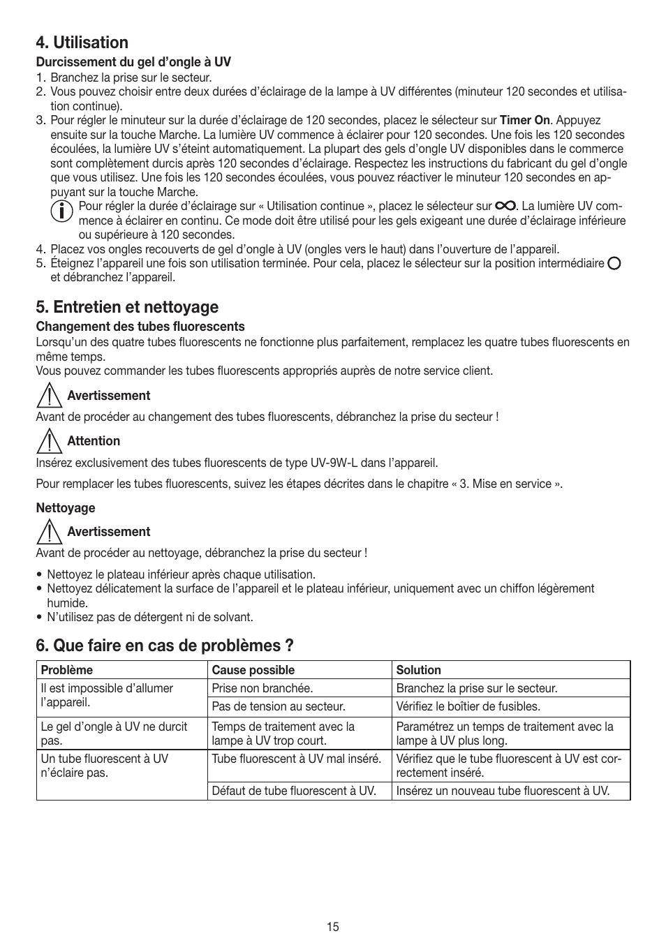 Utilisation, Entretien et nettoyage, Que faire en cas de problèmes | Beurer MPE 38 User Manual | Page 15 / 56