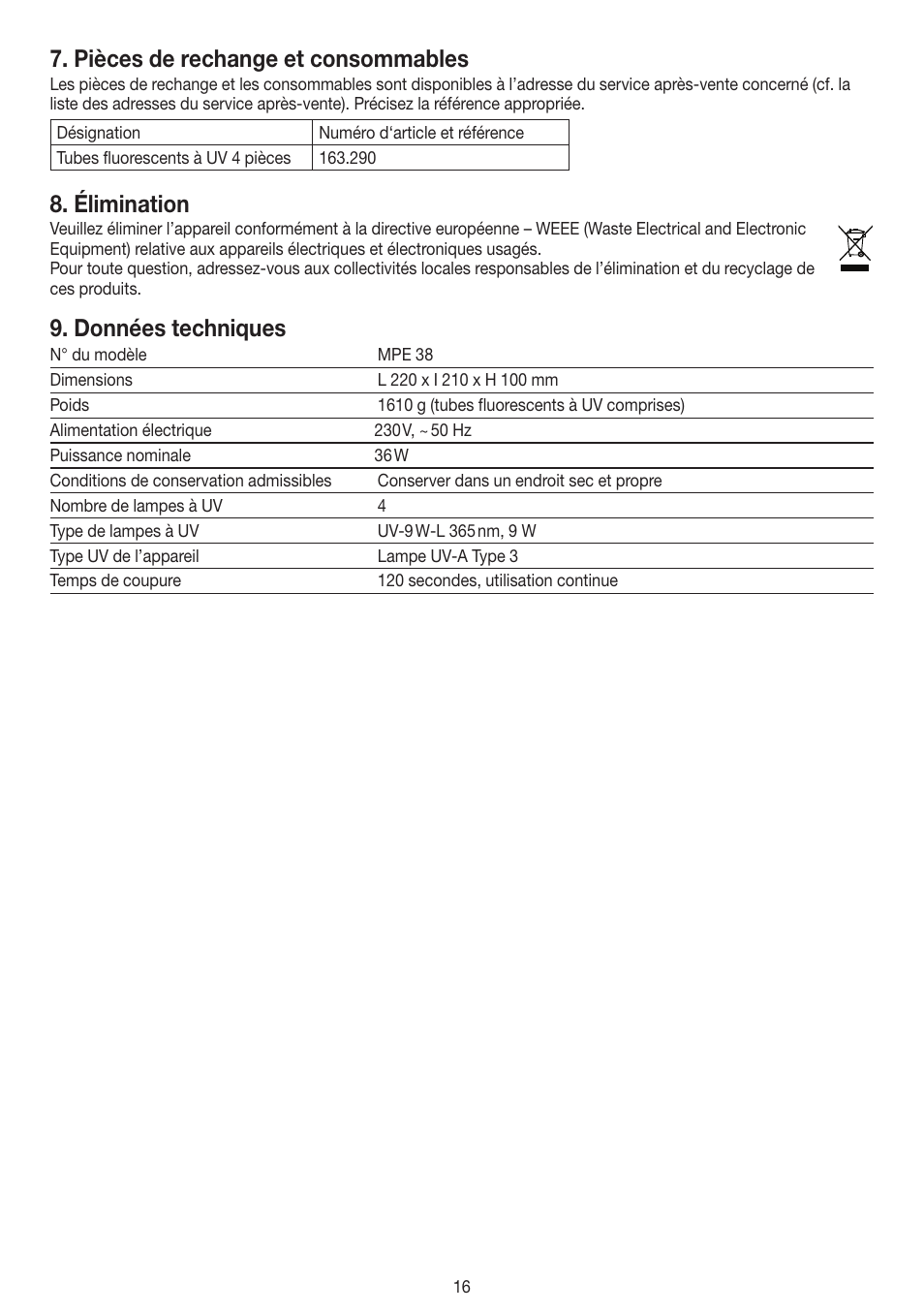 Pièces de rechange et consommables, Élimination, Données techniques | Beurer MPE 38 User Manual | Page 16 / 56