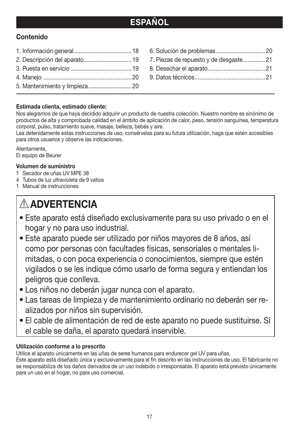 Advertencia, Español | Beurer MPE 38 User Manual | Page 17 / 56