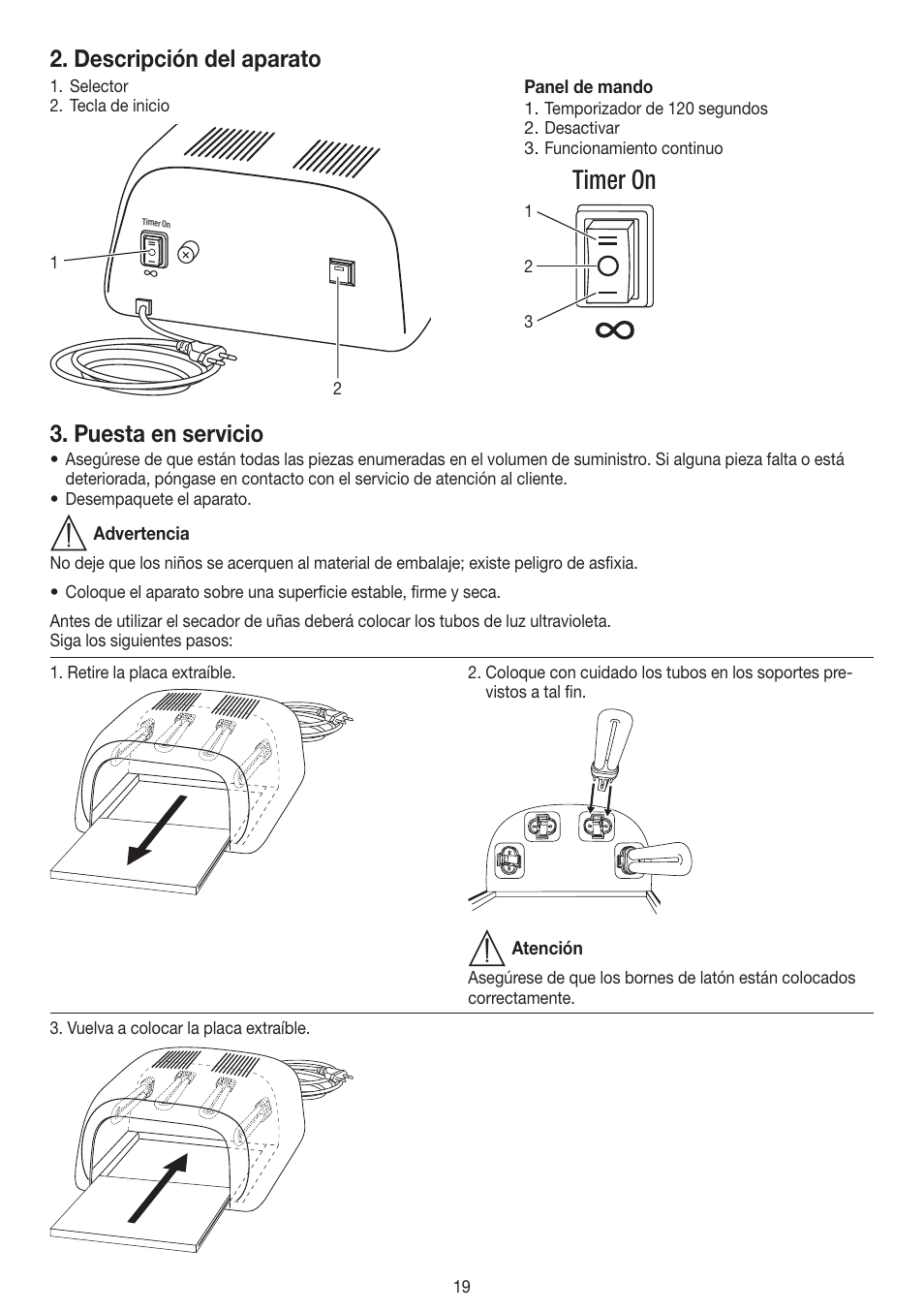 Timer on, Descripción del aparato, Puesta en servicio | Beurer MPE 38 User Manual | Page 19 / 56