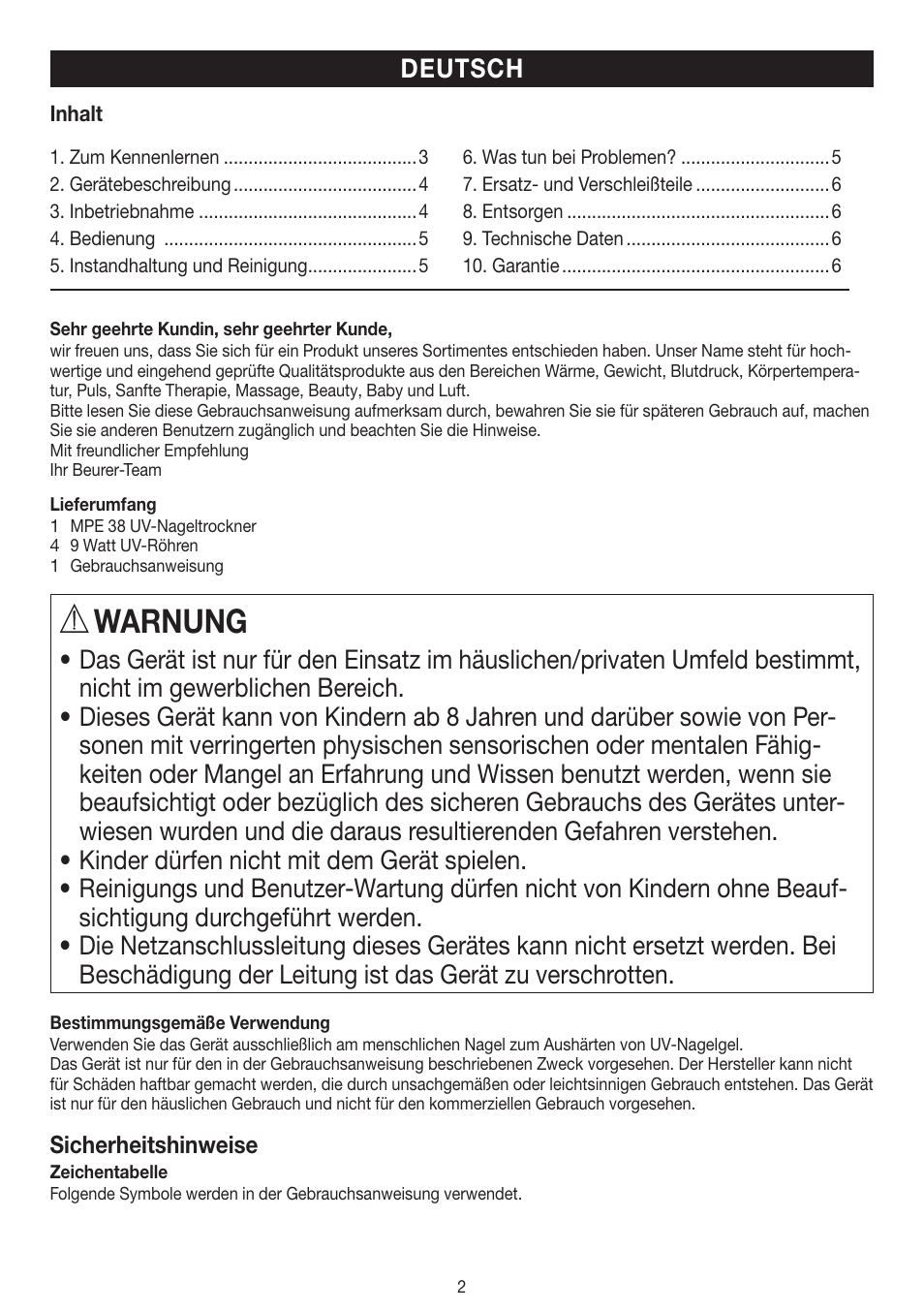 Warnung, Deutsch | Beurer MPE 38 User Manual | Page 2 / 56