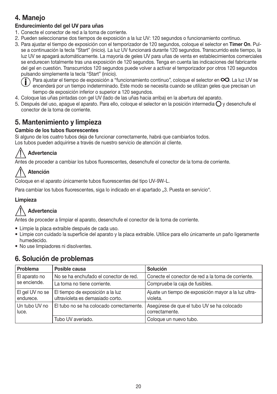 Manejo, Mantenimiento y limpieza, Solución de problemas | Beurer MPE 38 User Manual | Page 20 / 56