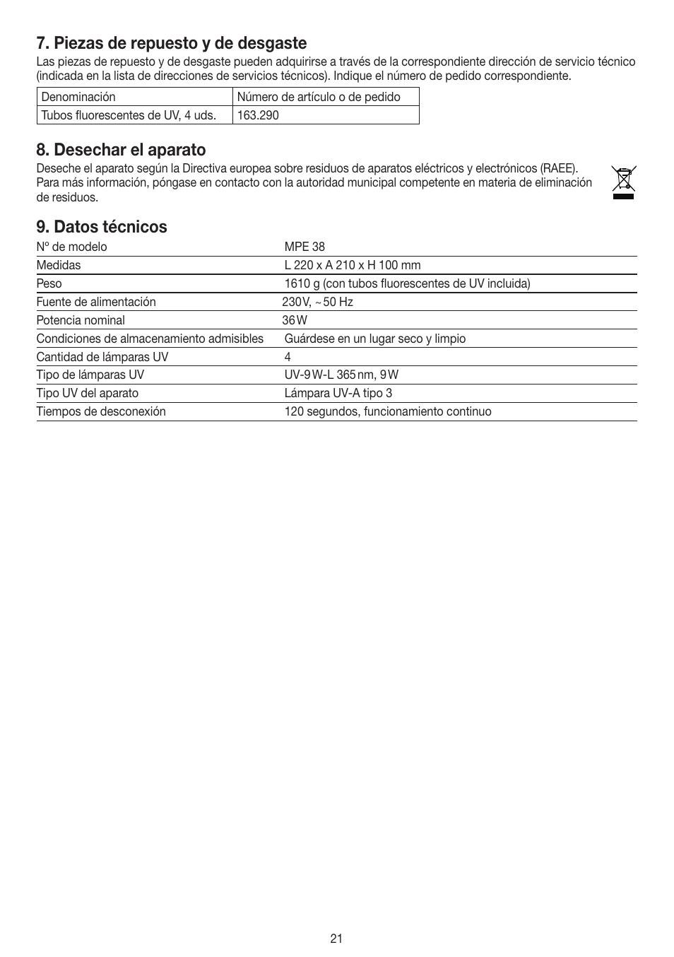 Piezas de repuesto y de desgaste, Desechar el aparato, Datos técnicos | Beurer MPE 38 User Manual | Page 21 / 56