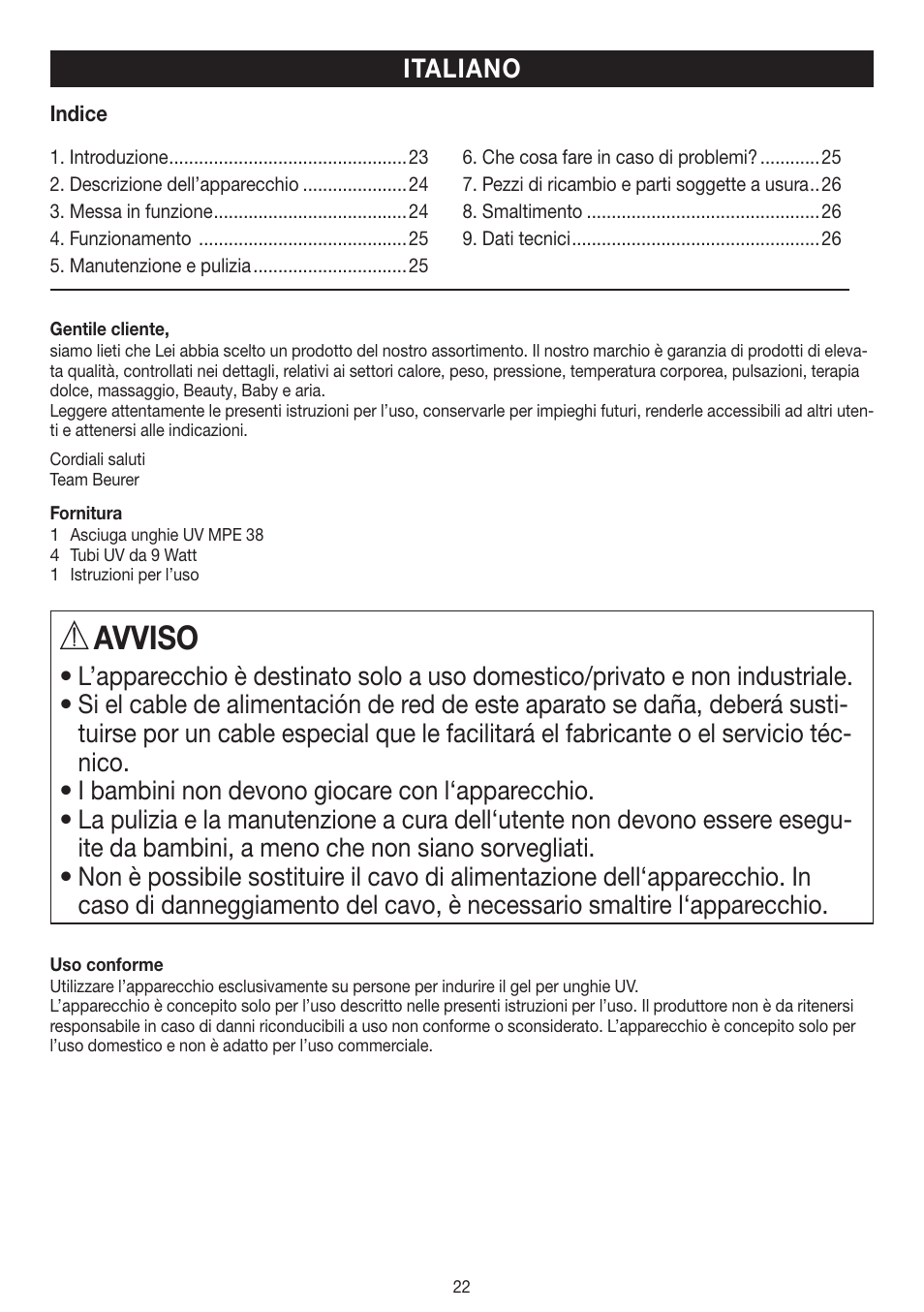 Avviso, Italiano | Beurer MPE 38 User Manual | Page 22 / 56