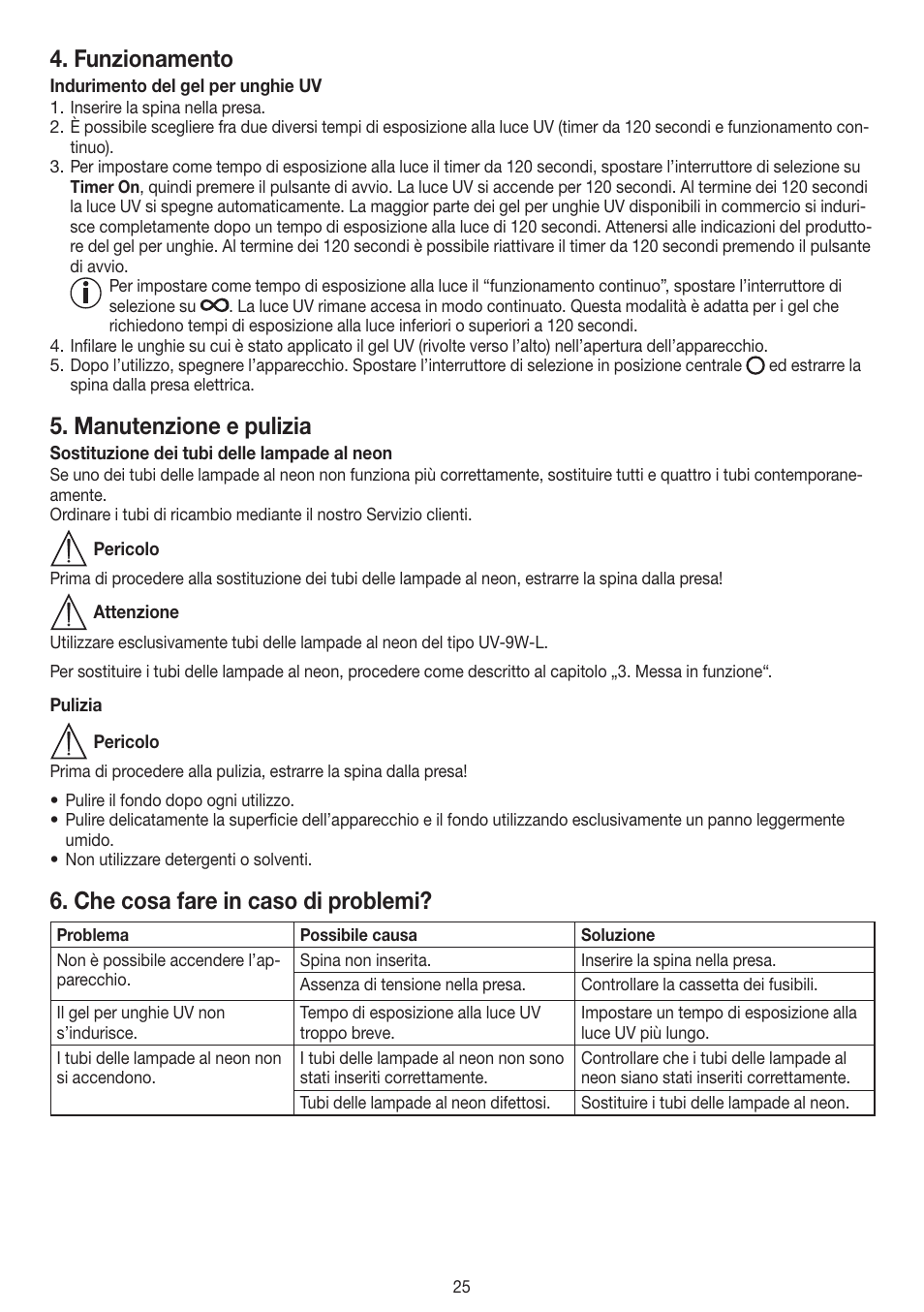 Funzionamento, Manutenzione e pulizia, Che cosa fare in caso di problemi | Beurer MPE 38 User Manual | Page 25 / 56