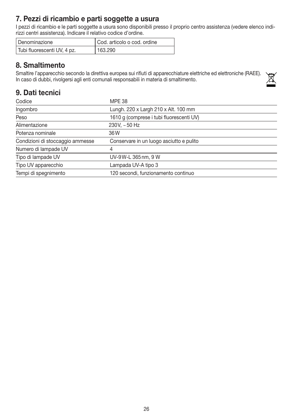 Pezzi di ricambio e parti soggette a usura, Smaltimento, Dati tecnici | Beurer MPE 38 User Manual | Page 26 / 56