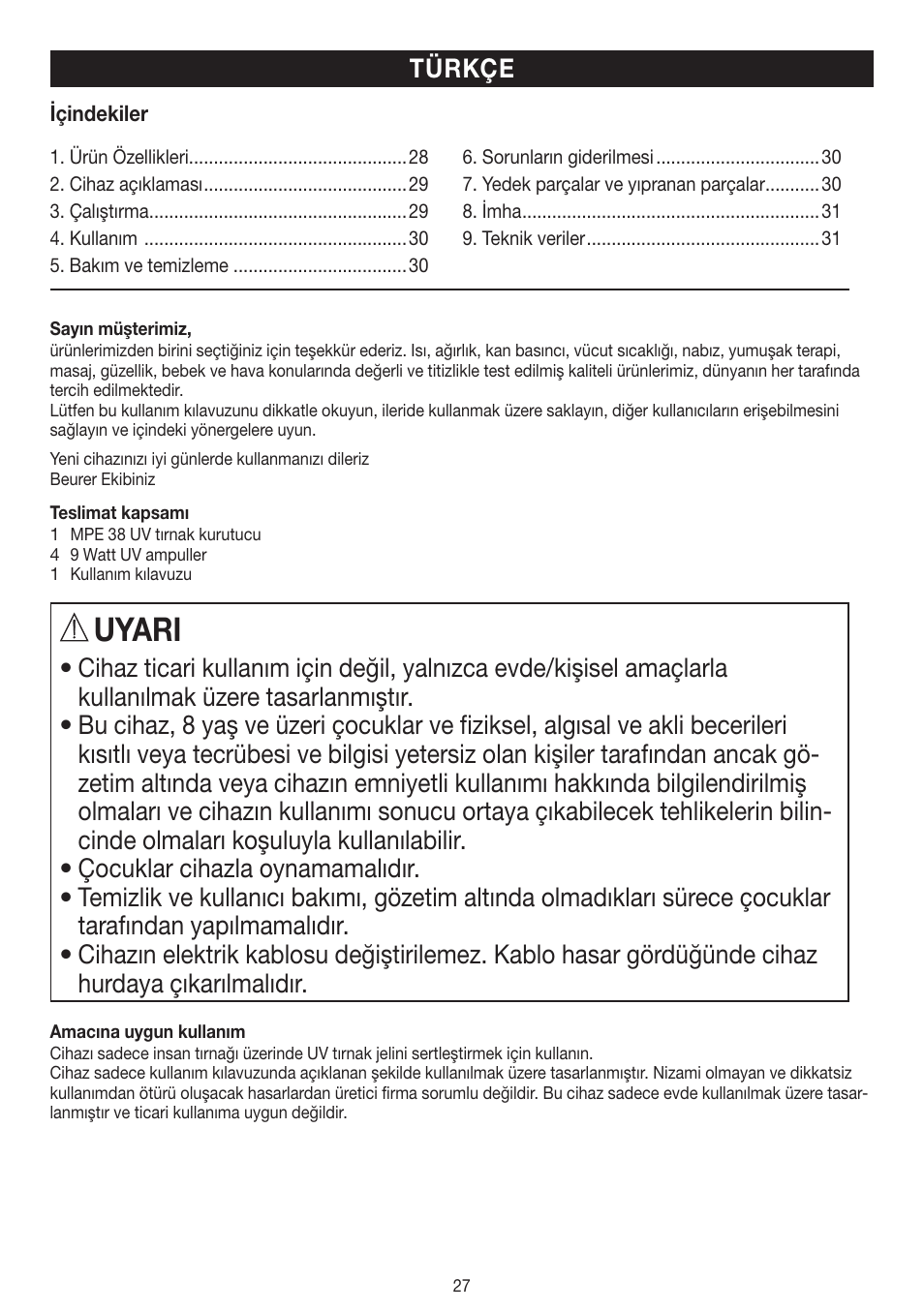 Uyari, Türkçe | Beurer MPE 38 User Manual | Page 27 / 56