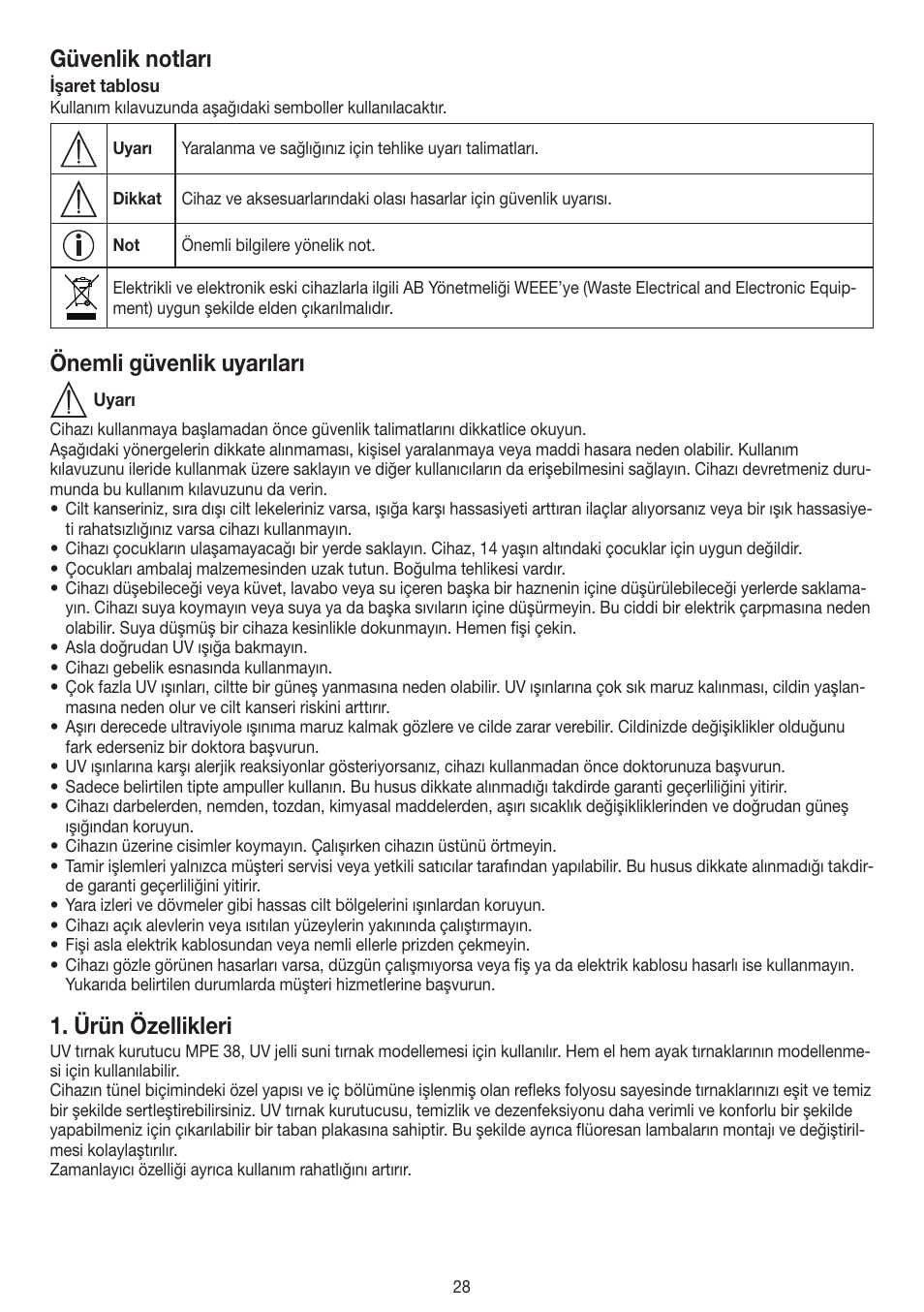 Güvenlik notları, Önemli güvenlik uyarıları, Ürün özellikleri | Beurer MPE 38 User Manual | Page 28 / 56