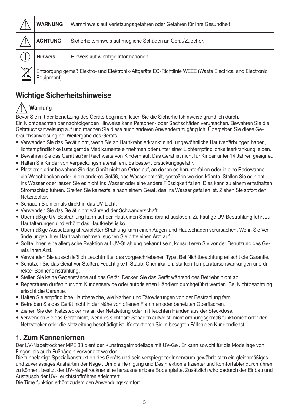 Wichtige sicherheitshinweise, Zum kennenlernen | Beurer MPE 38 User Manual | Page 3 / 56