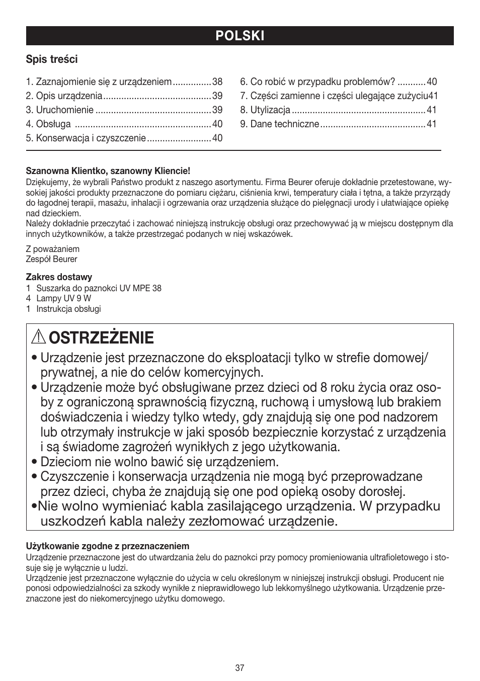 Ostrzeżenie, Polski | Beurer MPE 38 User Manual | Page 37 / 56