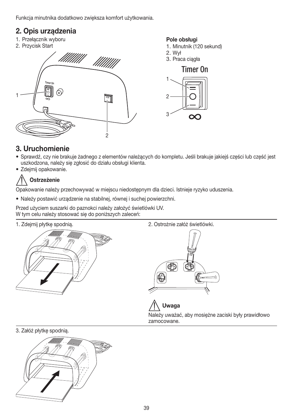 Timer on, Opis urządzenia, Uruchomienie | Beurer MPE 38 User Manual | Page 39 / 56