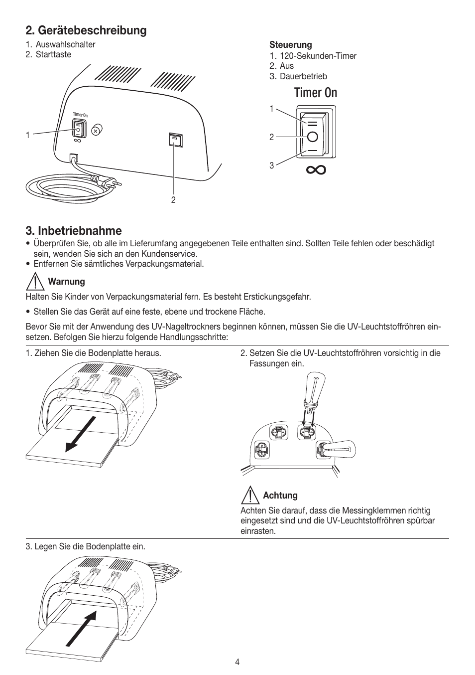 Timer on, Gerätebeschreibung, Inbetriebnahme | Beurer MPE 38 User Manual | Page 4 / 56