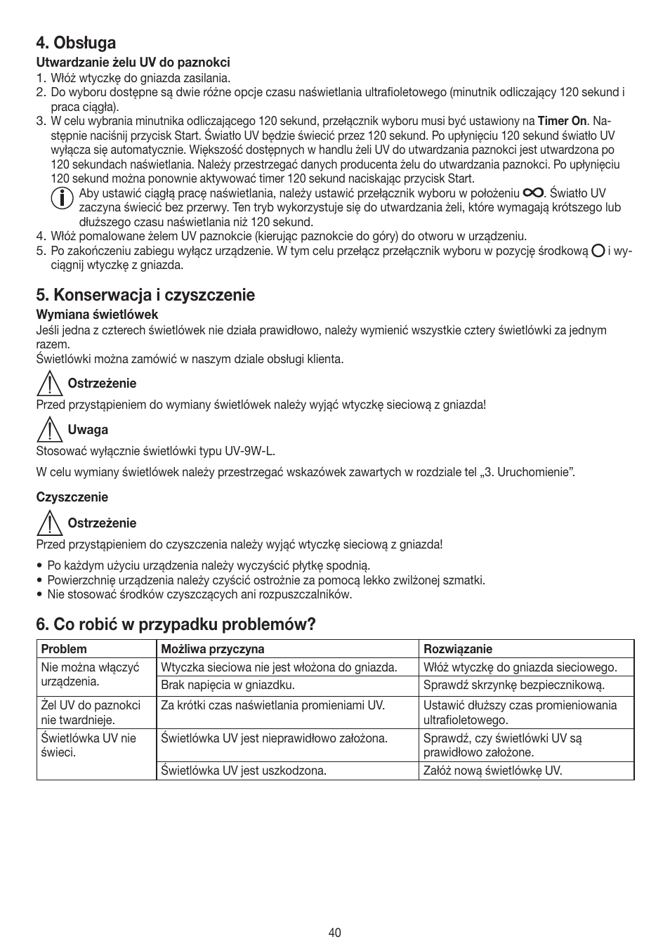 Obsługa, Konserwacja i czyszczenie, Co robić w przypadku problemów | Beurer MPE 38 User Manual | Page 40 / 56