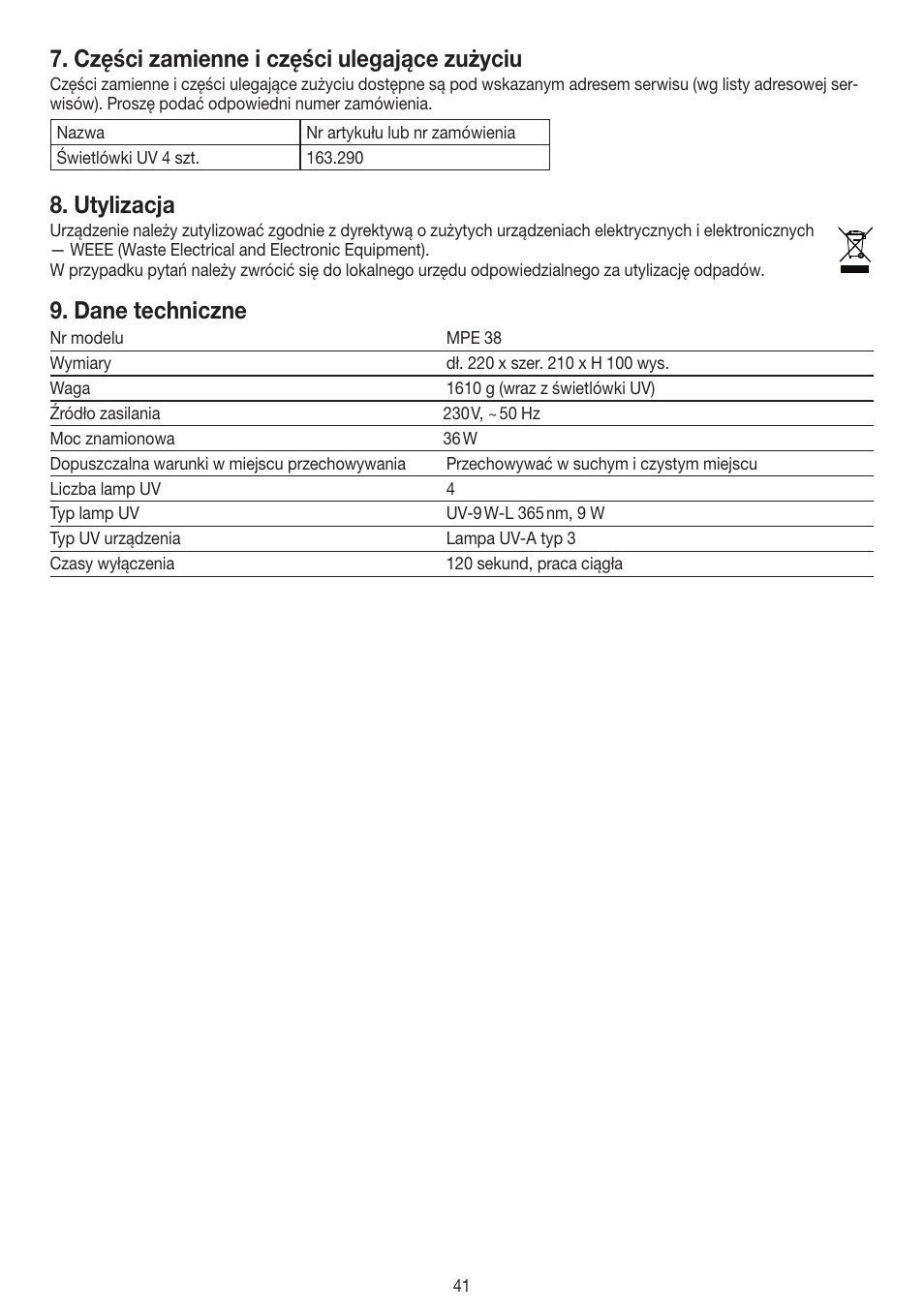 Części zamienne i części ulegające zużyciu, Utylizacja, Dane techniczne | Beurer MPE 38 User Manual | Page 41 / 56